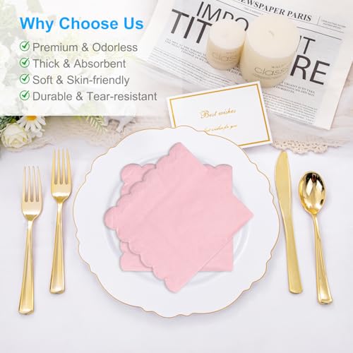 Disposable Scalloped Cocktail Napkins - 25 Pack, Pink, 2-Ply