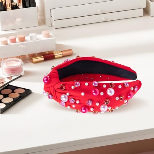 BLAAROOM Red Knotted Pearl & Rhinestone Headband for Women