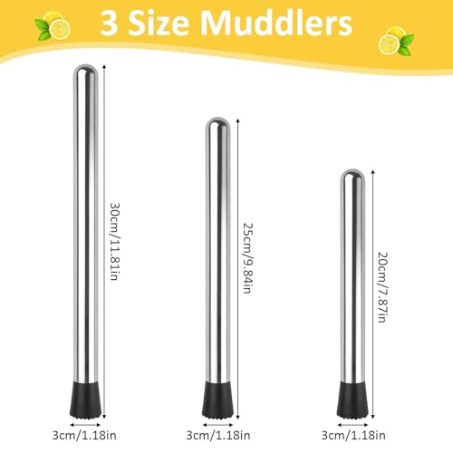 Okxiri Stainless Steel Cocktail Muddler Set - 3 Sizes for Drinks & Mojitos