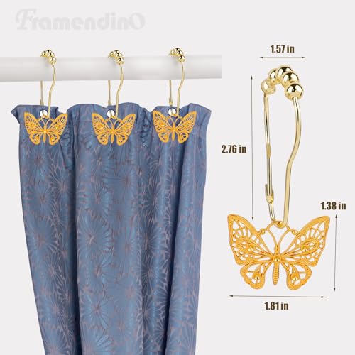 Framendino Gold Butterfly Shower Curtain Hooks - 12 Pack Stainless Steel