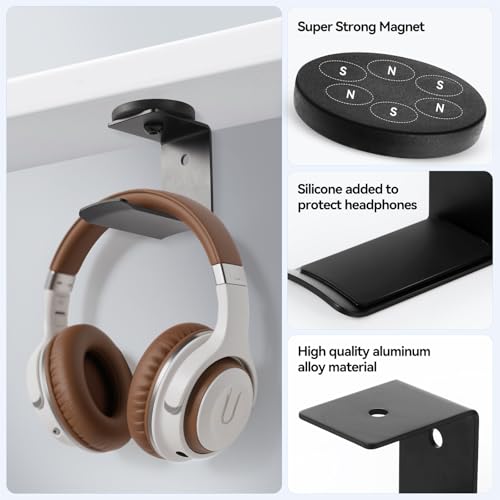 Black Aluminum Magnetic Headphone Holder with Rubber-Coated Magnet - Supports Up to 30 lbs