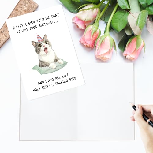 Cute Cat Birthday Card for All Ages - Blank Inside, 8x5.3in
