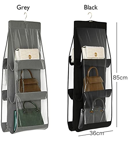 Hanging Handbag Organizer for Closet - 6-Pocket Dust-Proof Holder (Black-2Pack)