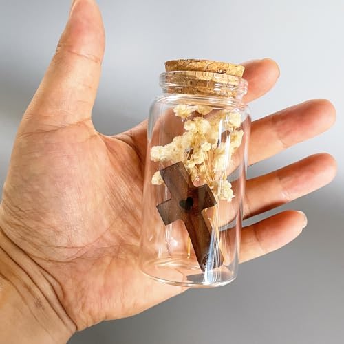 Wooden Cross Fidget Decor with White Baby's Breath in Glass Vial - Christian Gift, Anxiety Relief, Mini Desk & Shelf Decor