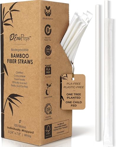 EcoPreps 100 Count Biodegradable Bamboo Fiber Straws - Wrapped 7.8”