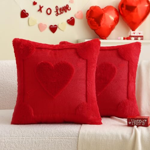 Arrow Heart Pillow Covers - Set of 2 Red 18x18 Plush Decor