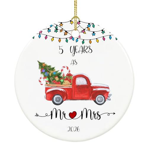 5 Year Anniversary Ornament 2026 - Mr & Mrs Gift, Ceramic Decor, Double-Sided, Gold String