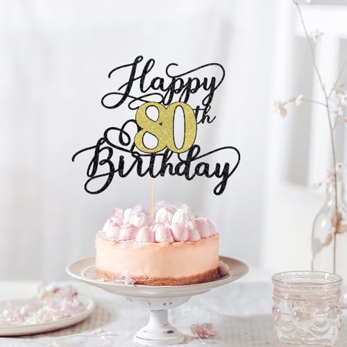 80th Birthday Cake Topper - Black Gold Glitter Decoration