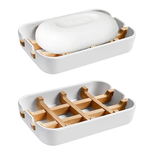 Aoheuo Bamboo Fiber Soap Dish with Removable Drain Tray, White Soap Holder