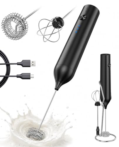 Rechargeable Handheld Milk Frother with 3 Speeds & 2 Heads
