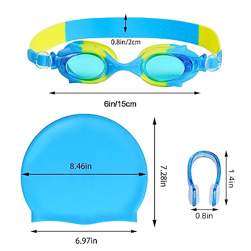 3 Pieces Kids Swim Cap for Boys Girls Silicone Swimming Cap for Short Hair with Swimming Goggles and Nose Clip Unisex Waterproof Bathing Caps for Age 3-15 Children Boys Girls