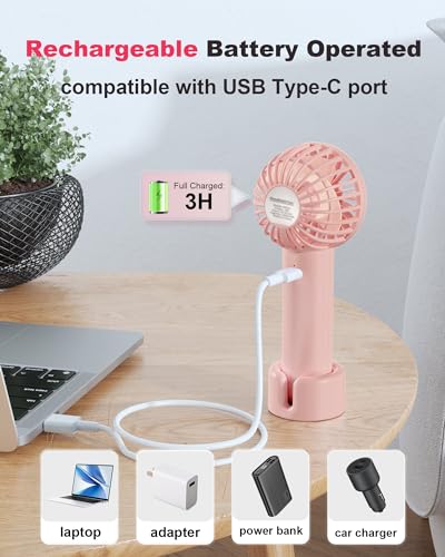 Coohea Mini Handheld Fan - USB Rechargeable, 3 Speeds, Portable for Makeup & Travel, Pink