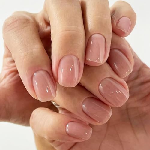 Short Square Press On Nails Glossy Nude Fake Acrylic Nails 48 Pieces