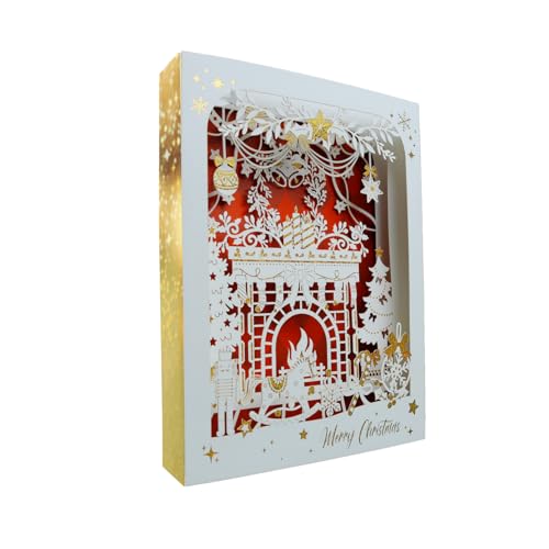 3D Christmas Card with Gold Foil - Pop Up Holiday Greeting Card with Winter Scene, Christmas Fireplace Paper Carved Box