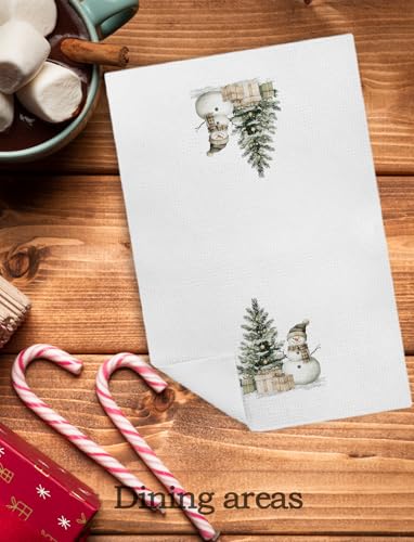 Snowman Christmas Kitchen Towels - Rustic Snowy Tree Hand Towels, Holiday Dish Cloths, 16x24 Inch - Color-01