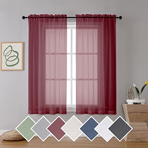 Burgundy Sheer Curtains 42W x 63L Set of 2 - Light Filtering Voile Window Treatments with Rod Pocket & Clip Rings Option (Variation of THIS listing)