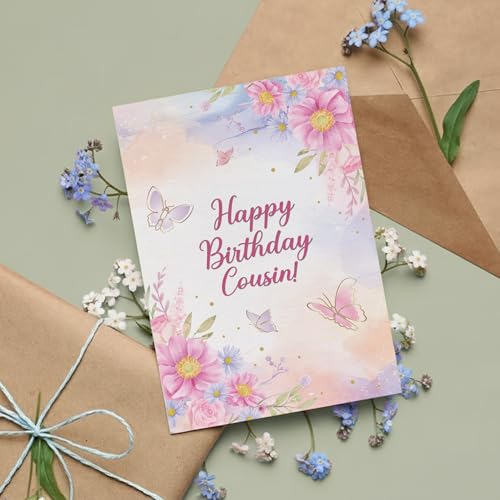 Premium Cousin Birthday Card - Floral Butterfly Design, A5 Size