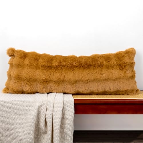 JoraLion 14x36 Faux Fur Lumbar Pillow Cover - Coco Brown Plush Cushion