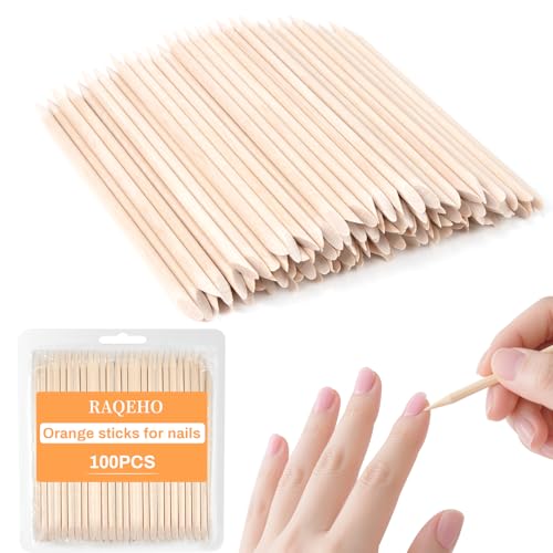 RAQEHO 100PCS Wooden Cuticle Pushers - 4.5 Inch Double Sided Orange Sticks for Nail Care and Art