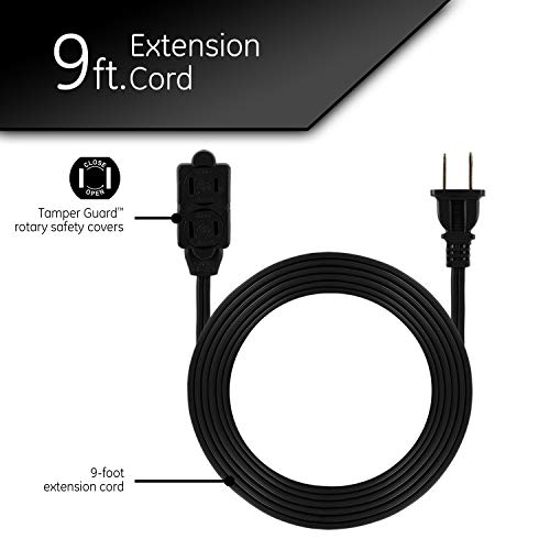 GE 9 Ft Extension Cord, 3-Outlet Power Strip with Twist-to-Close Safety, Black