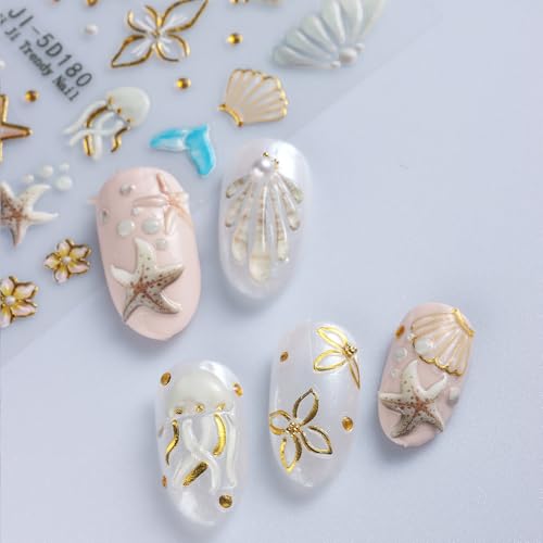 5D Embossed Summer Ocean Nail Art Stickers Self-Adhesive Beach Decals