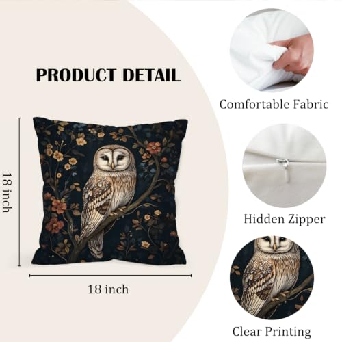 Owl Pillow Cover 18x18 Inch - Dark Floral Design, Variation 2