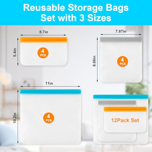 VUEKYN 12 Pack Reusable Silicone Freezer Bags - 4 Snack, 4 Sandwich, 4 Gallon