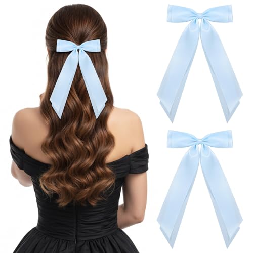Light Blue Hair Bow Clips with Long Tails 2-Pack Satin Ribbon Barrettes