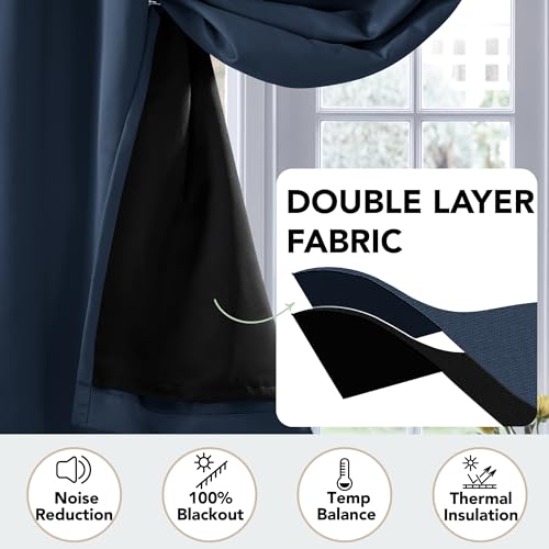 Deconovo 100% Blackout Curtains with Black Liner, Thermal Insulated Noise?Reducing Grommet Drapes, Double?Layer Room Darkening for Bedroom, Nursery, Home Office,1 Panels,Navy,100W x 108L