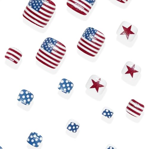 American Flag Press on Toenails Short Square Fake Toe Nails Patriotic