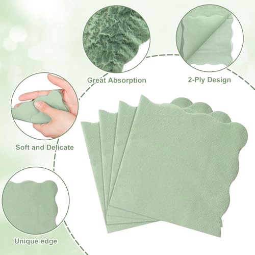 80 Sage Green Scalloped Cocktail Napkins | 2-Ply Disposable Paper Napkins for Parties