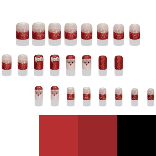 Christmas Press on Nails Short Red French Tip False Nails with Charms