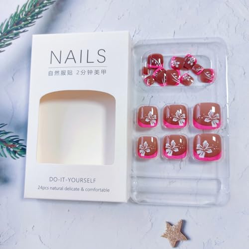 KAICCOSO Red Floral Short Square Press on Toenails, 24Pcs Cute Summer Stick-On Toe Nails with Glue