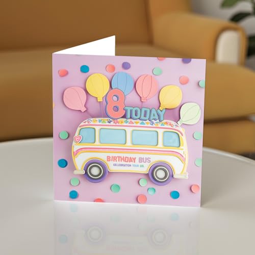 Cute 8th Birthday Card for Girls - Balloon Bus Design