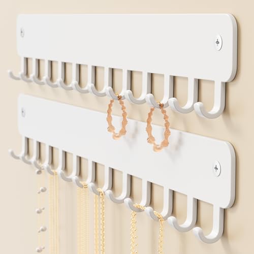 Wall-Mounted Necklace Organizer with Hooks - 2 PCS White Jewelry Holder
