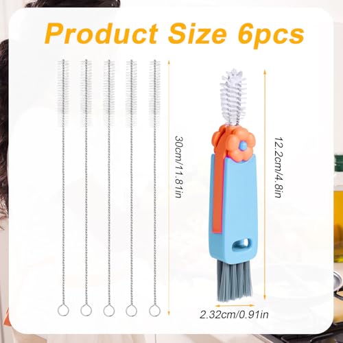 6pcs Bottle Cleaner Brush Set for Yeti, 5pcs Stainless Steel Nylon Extra Long Straw Cup Lid Brushes Plastic Water Bottle Straw Cleaning Brush Compatible with Stanley 25/26/35/42oz
