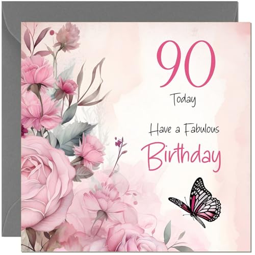 90th Birthday Card for Women - Pink Rose & Butterfly Design