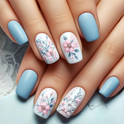 KTAABTR Floral Press on Nails Pink Flower Square Fake Nails 24Pcs