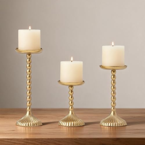 Vintage Gold Cast Iron Pillar Candle Holder Set - 3 Piece, Graduated Heights