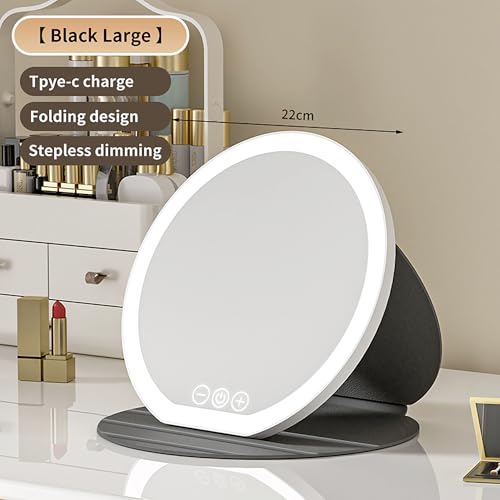suonee Rechargeable Lighted Travel Makeup Mirror - 8.6" Slim LED Vanity Mirror with 3 Color Modes and PU Leather Case, Black