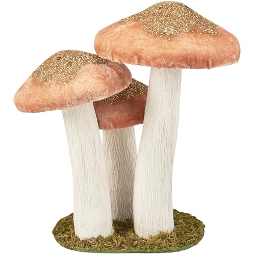 Primitives by Kathy Mushroom Trio Sitter, pink foam mushrooms uniquely detailed/velvet glitter accents/natural foliage detail base/nature themed home accent for seasonal/everyday/garden decor/gfitable