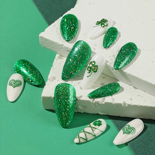 St. Patrick's Day Press On Nails Medium Almond Green Clover Rhinestone 24Pcs