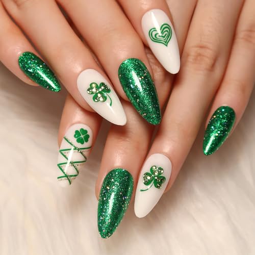 St. Patrick's Day Press On Nails Medium Almond Green Clover Rhinestone 24Pcs