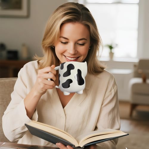 White Cow Mug with Built-in Tea Bag Holder & Spoon - 17oz Ceramic Animal Cup
