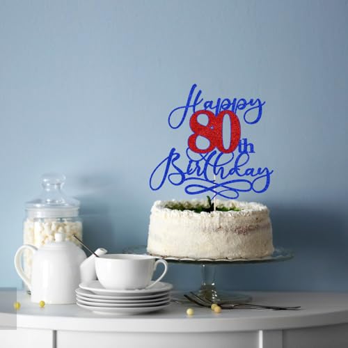 80th Birthday Cake Topper - Deep Blue & Red Glitter Party Decoration
