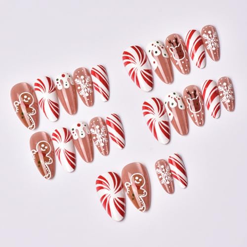 Christmas Press on Nails Medium Almond Fake Nails with Elk and Snowflake