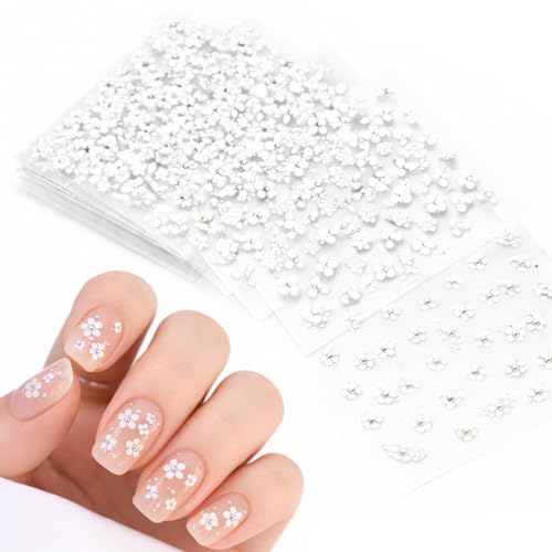 3D White Flower Nail Art Stickers with Rhinestones - 30 Sheets Self-Adhesive Floral Decals