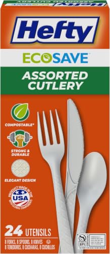 Hefty ECOSAVE Compostable Cutlery Set - 24 Utensils for BBQs, Camping, Parties