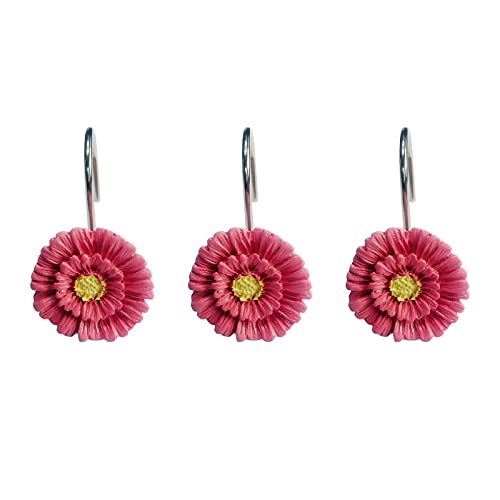 Twofishes Pink Daisy Flower Shower Curtain Hooks - Set of 12 Rust Proof