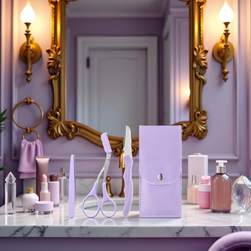 3 Pcs Purple Eyebrow Scissor Trimmer Razor with PU Leather Case